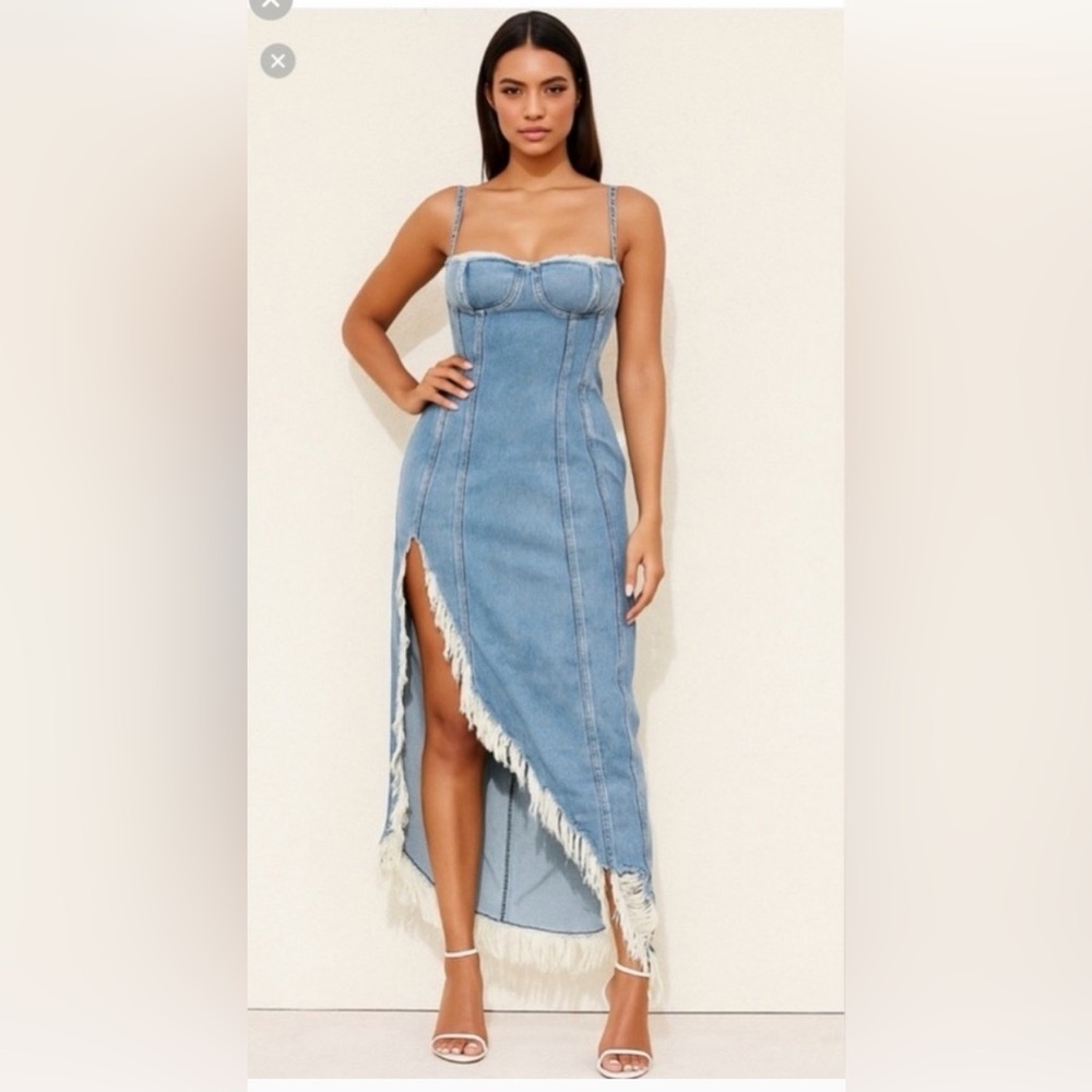 Good American Light Blue Denim Asymmetrical Fringe Dress